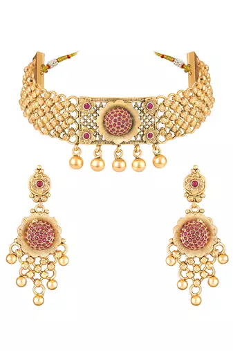 Gold plated faux ruby studded traditional ethnic necklace earrings set jewellery for women
