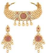 Gold plated faux ruby studded traditional ethnic necklace earrings set jewellery for women