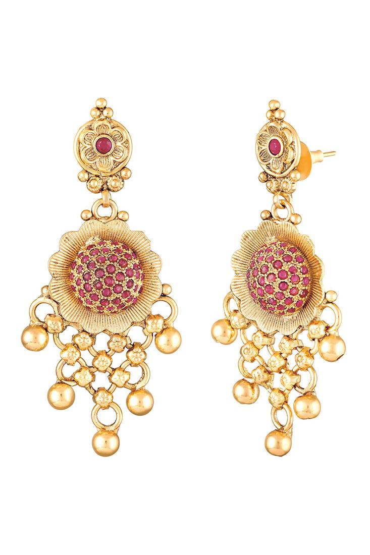 Gold plated faux ruby studded traditional ethnic necklace earrings set jewellery for women