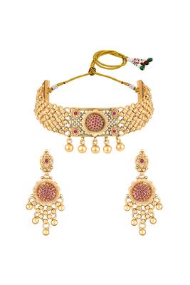 Gold plated faux ruby studded traditional ethnic necklace earrings set jewellery for women 3
