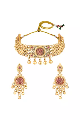 Gold plated faux ruby studded traditional ethnic necklace earrings set jewellery for women