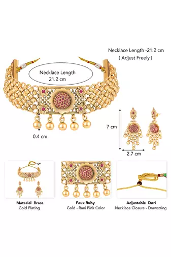 Gold plated faux ruby studded traditional ethnic necklace earrings set jewellery for women