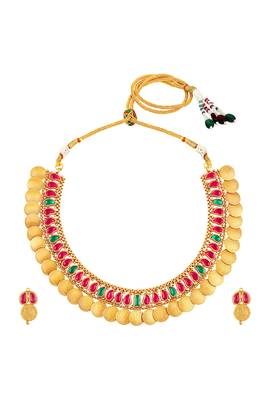 Gold plated faux ruby faux emerald studded coin tessel necklace earrings set jewellery 1