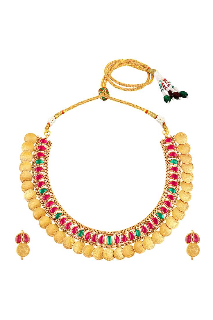 Gold plated faux ruby faux emerald studded coin tessel necklace earrings set jewellery
