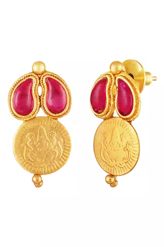 Gold plated faux ruby faux emerald studded coin tessel necklace earrings set jewellery