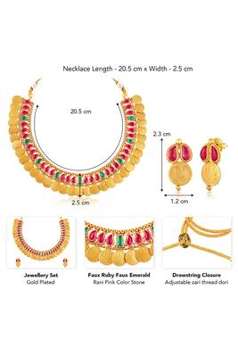 Gold plated faux ruby faux emerald studded coin tessel necklace earrings set jewellery 3