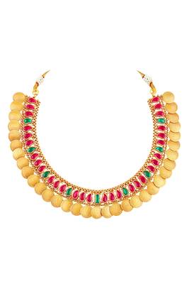 Gold plated faux ruby faux emerald studded coin tessel necklace earrings set jewellery 5