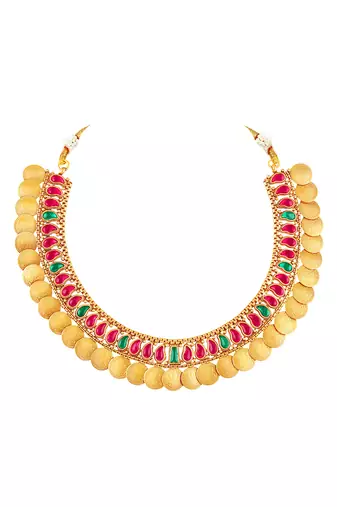Gold plated faux ruby faux emerald studded coin tessel necklace earrings set jewellery