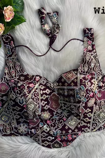 Wine partywear antique cording work corset style blouse for women
