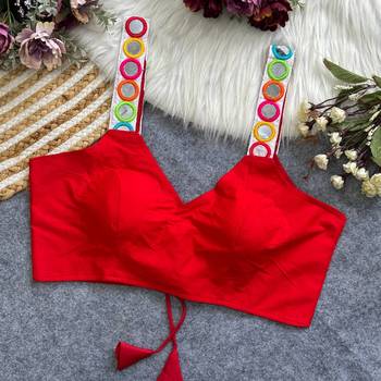 Red navratri special spaghetti style real mirror work blouse 1