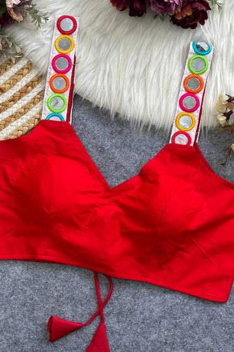 Red navratri spaghetti style real mirror work blouse