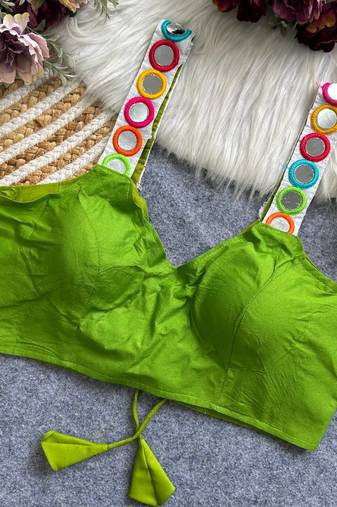 Green navratri special spaghetti style real mirror work blouse