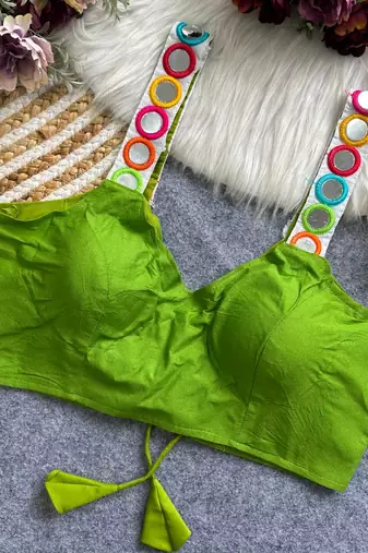 Green navratri special spaghetti style real mirror work blouse