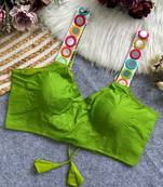 Green navratri special spaghetti style real mirror work blouse