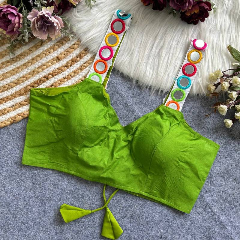 Green navratri special spaghetti style real mirror work blouse