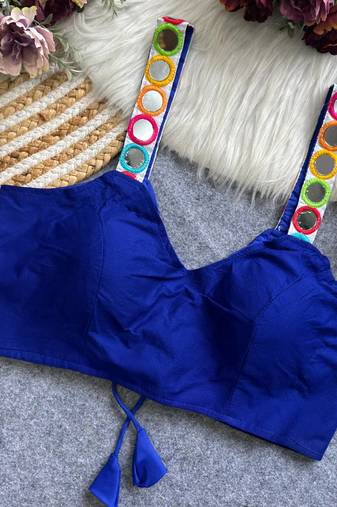 Blue navratri special spaghetti style real mirror work blouse