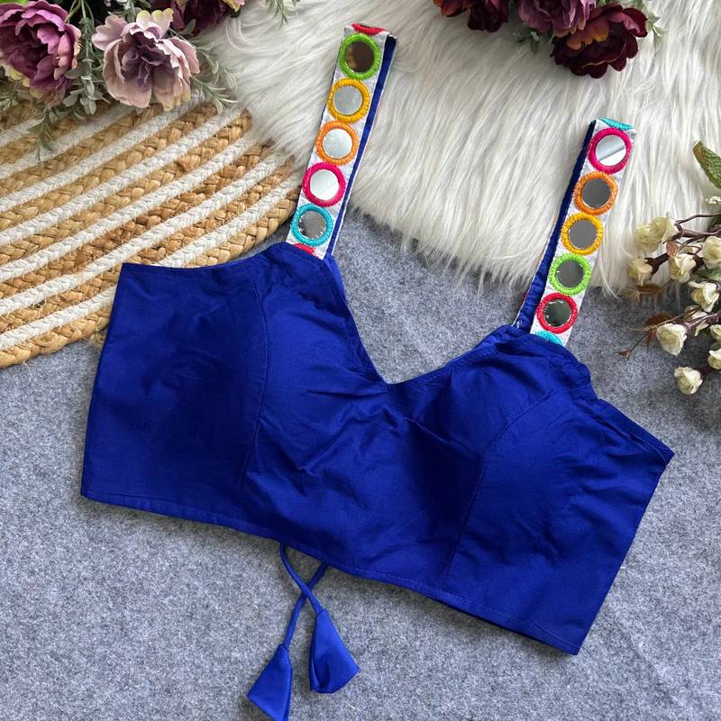 Blue navratri special spaghetti style real mirror work blouse