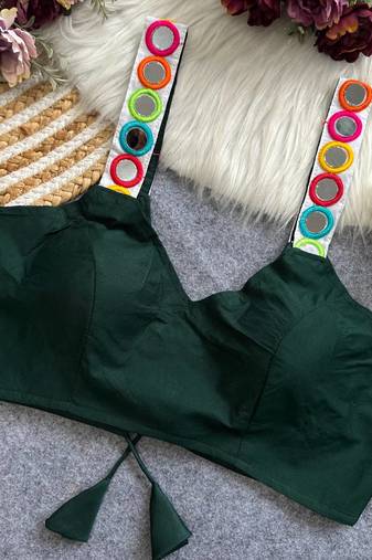 Green navratri special spaghetti style real mirror work blouse