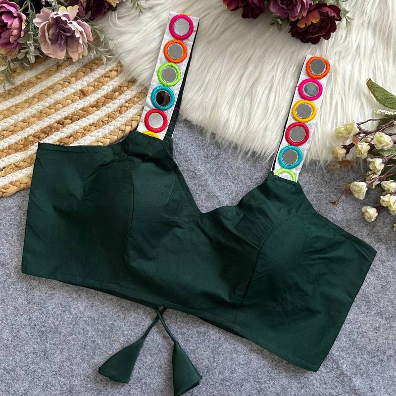 Green navratri special spaghetti style real mirror work blouse