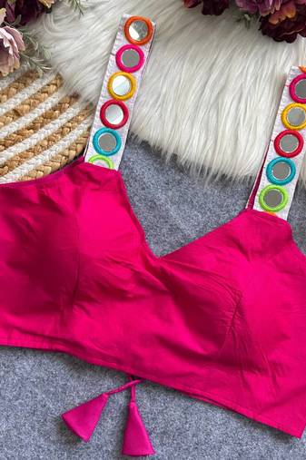 Pink navratri special spaghetti style real mirror work blouse