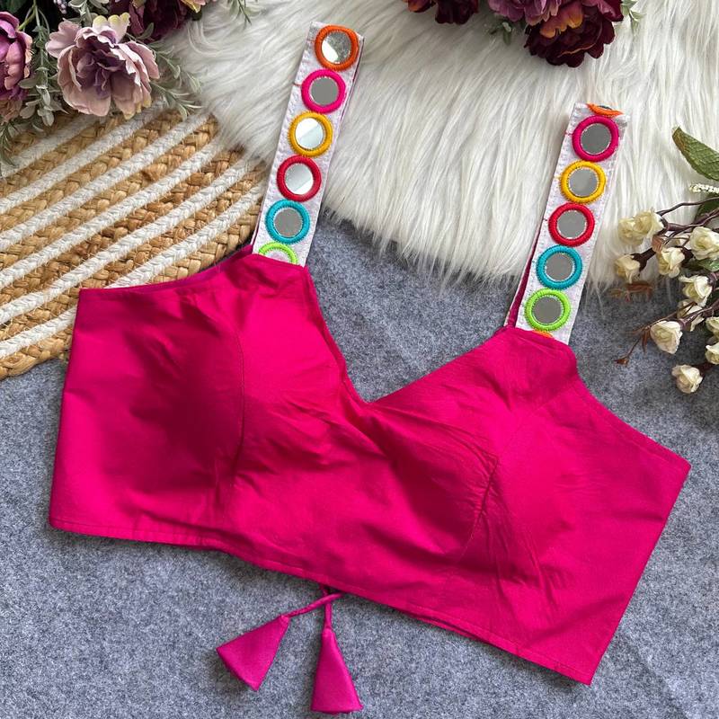 Pink navratri special spaghetti style real mirror work blouse