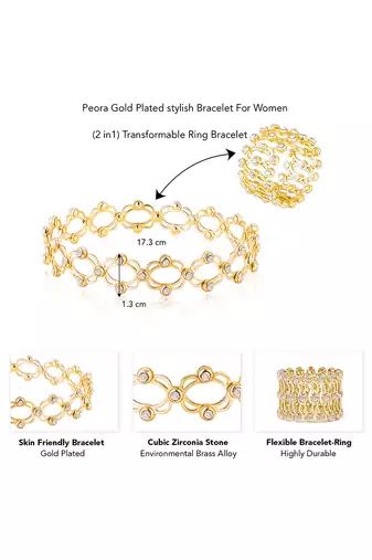 Gold plated cubic zirconia studded fancy charm bracelet cum ring jewellery for women & girls