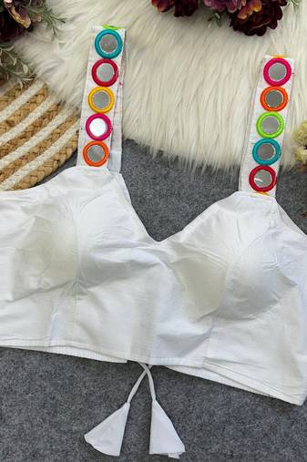 White navratri special spaghetti style real mirror work blouse