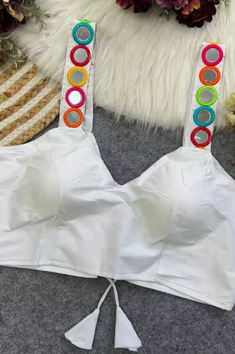 White navratri special spaghetti style real mirror work blouse