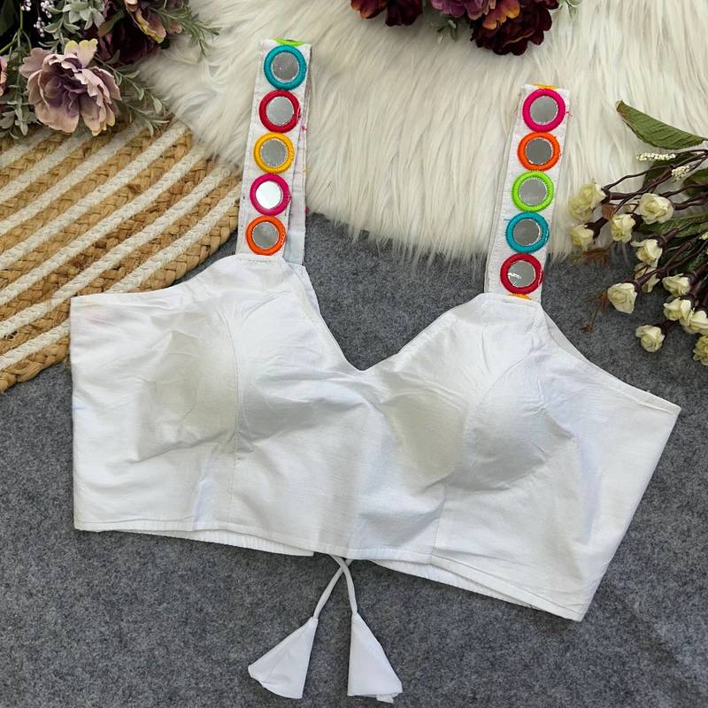 White navratri special spaghetti style real mirror work blouse