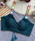 Teal navratri special spaghetti style real mirror work blouse