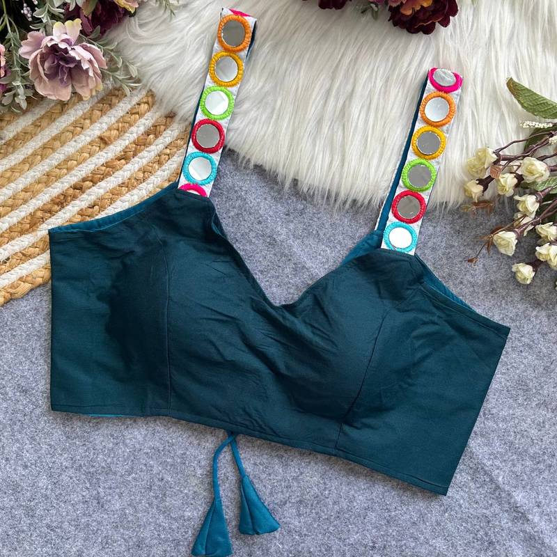 Teal navratri special spaghetti style real mirror work blouse