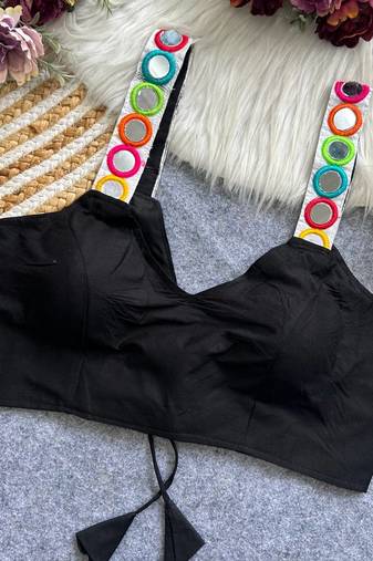 Black navratri special spaghetti style real mirror work blouse