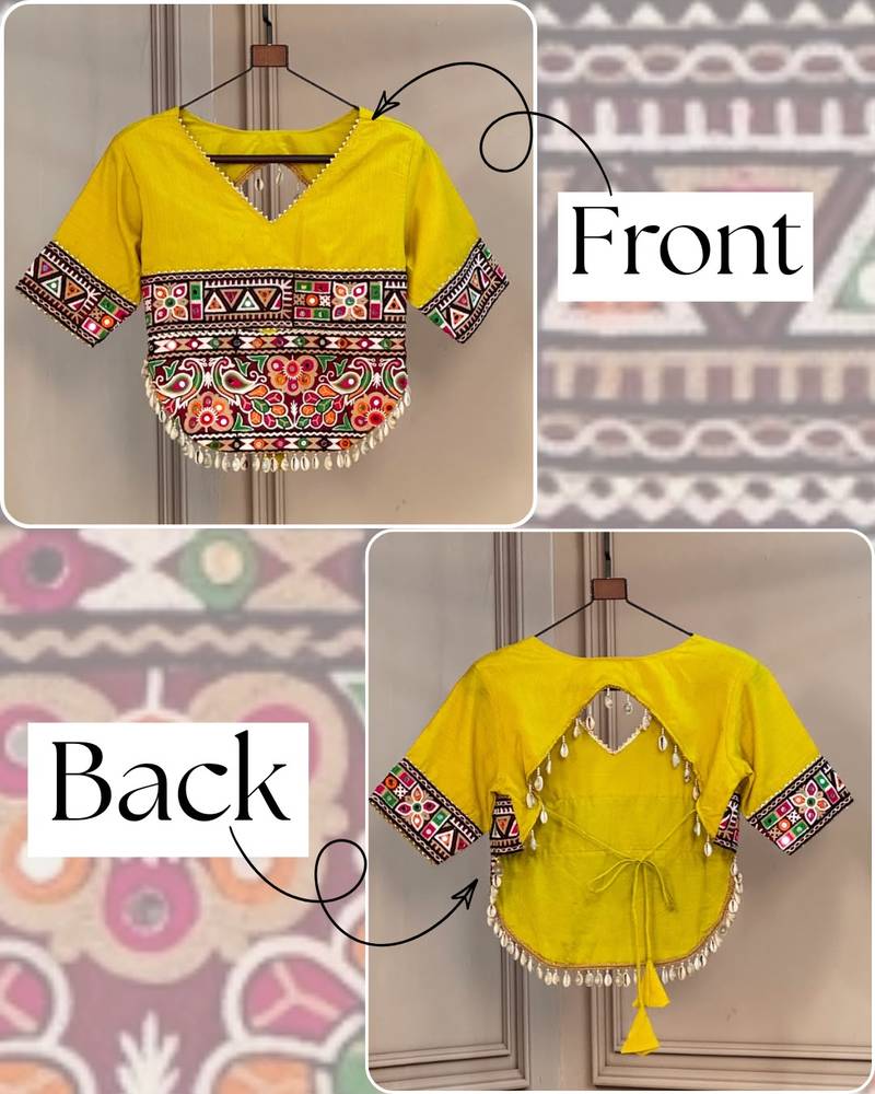 Yellow kutchi gamthi embroidered roman blouse