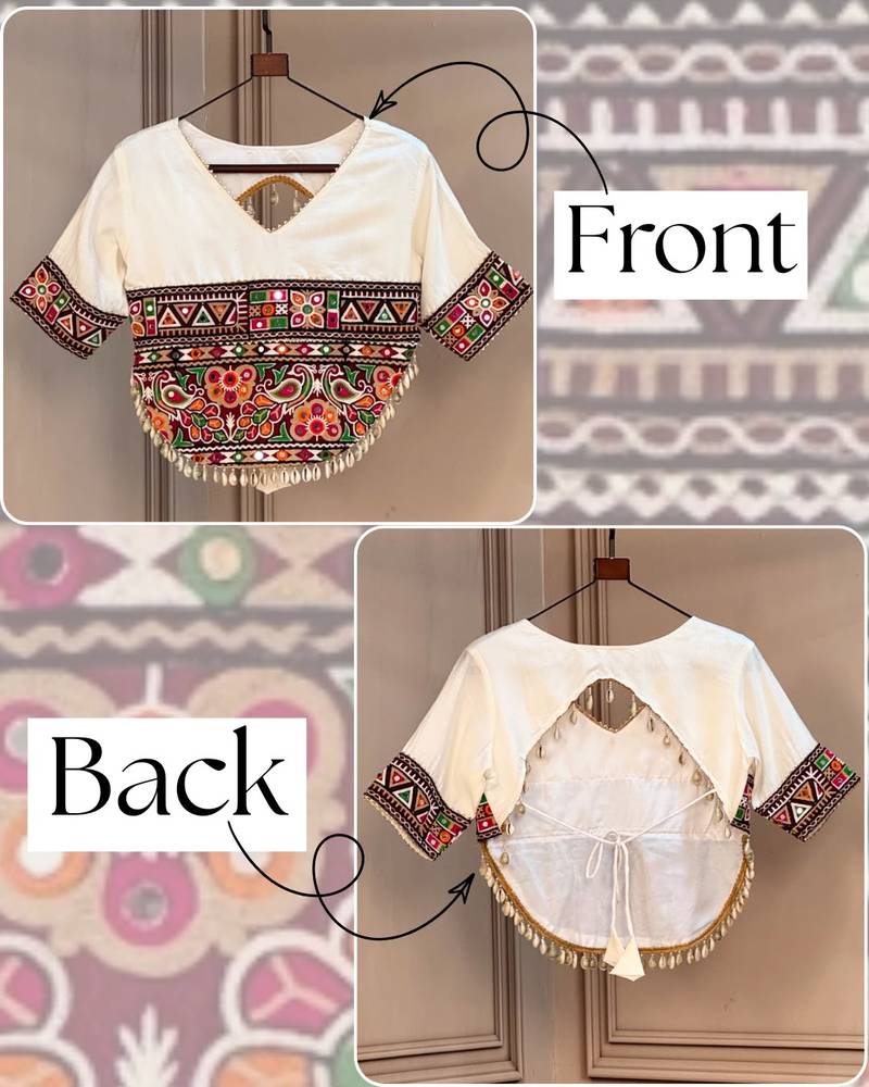 White kutchi gamthi embroidered roman blouse