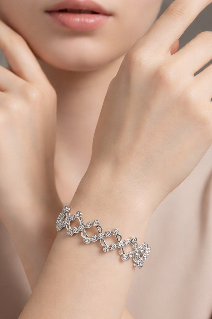 Silver plated crystals studded fancy bracelet cum ring jewellery for women
