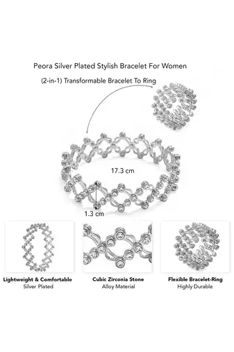 Silver plated crystals studded fancy bracelet cum ring jewellery for women