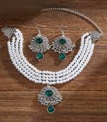 Silver plated faux emerald & beads studded necklace earrings set ethnic jewellery for women