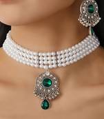 Silver plated faux emerald & beads studded necklace earrings set ethnic jewellery for women
