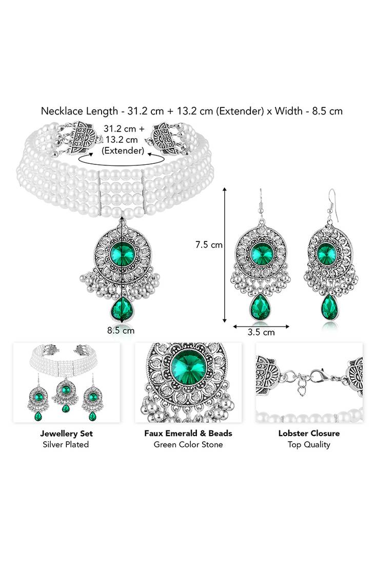 Silver plated faux emerald & beads studded necklace earrings set ethnic jewellery for women