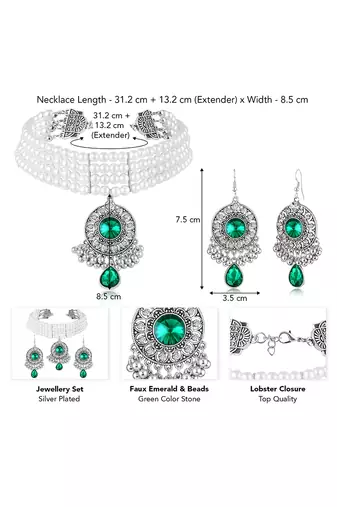 Silver plated faux emerald & beads studded necklace earrings set ethnic jewellery for women