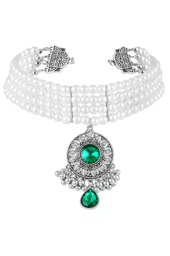 Silver plated faux emerald & beads studded necklace earrings set ethnic jewellery for women