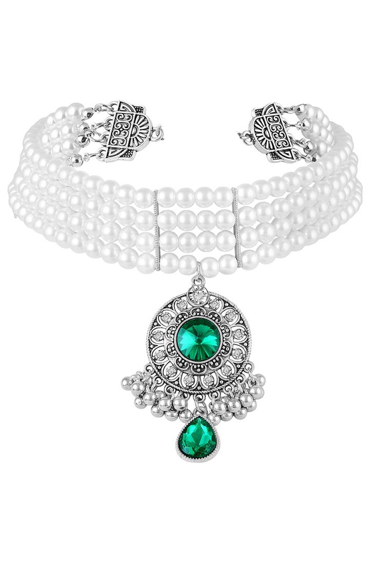 Silver plated faux emerald & beads studded necklace earrings set ethnic jewellery for women