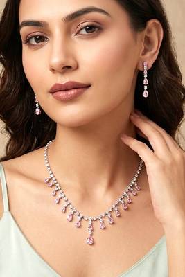 Silver plated cz studded layer necklace & drop earring sparkling jewellery set for women 1