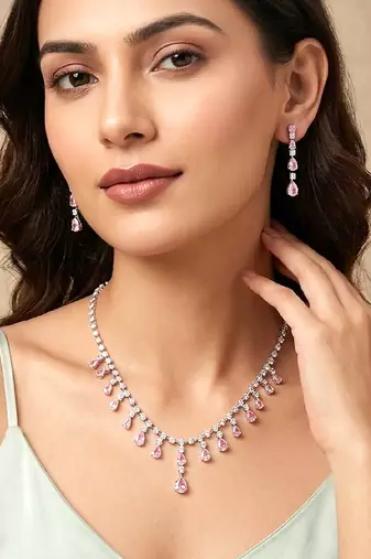 Silver plated cz studded layer necklace & drop earring sparkling jewellery set for women