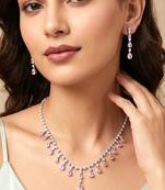 Silver plated cz studded layer necklace & drop earring sparkling jewellery set for women