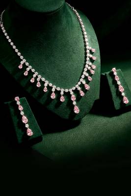 Silver plated cz studded layer necklace & drop earring sparkling jewellery set for women 2