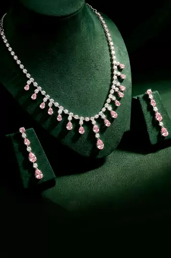 Silver plated cz studded layer necklace & drop earring sparkling jewellery set for women