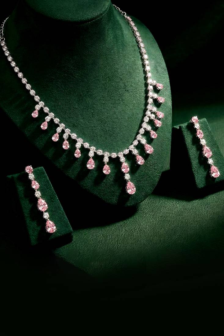 Silver plated cz studded layer necklace & drop earring sparkling jewellery set for women