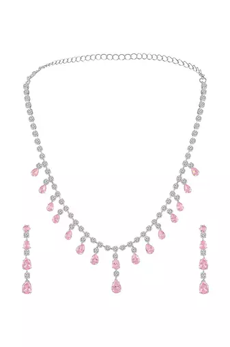 Silver plated cz studded layer necklace & drop earring sparkling jewellery set for women