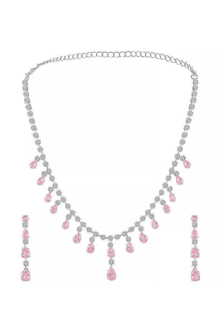 Silver plated cz studded layer necklace & drop earring sparkling jewellery set for women